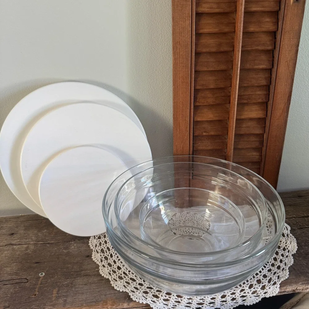 Set of 3 Glass Nesting Mixing Bowls with White Lids Clear Round Food Storage Set